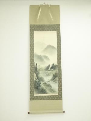 今村景元筆　彩色山水　肉筆絹本掛軸（共箱）